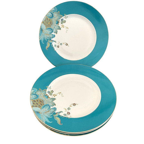 222 FIFTH Eliza Teal White Floral Fine Porcelain 11" Dinner Plates Set of 4 NEW - Picture 1 of 9